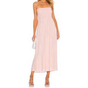 Lovers & Friends Fielle Midi Dress S Pink Crinkle Gauze Strapless Smocked Beachy